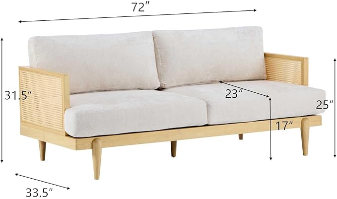 72 Square Arm 3-Seater Sofa with Cane Rattan &amp Rubber Wooden Frame Tapered Legs High-Resilience Sponge Beige Cushions Vintage Modern Couch for Living Room Bedroom Apartment Office Natural