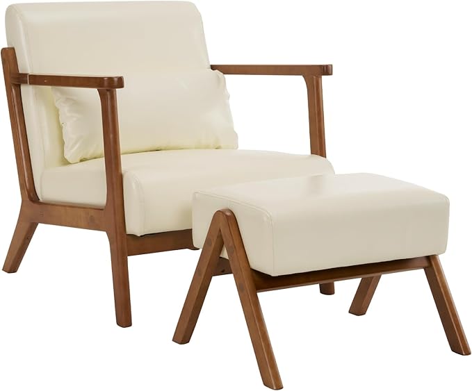 MOJAY Modern Accent Chair with Ottoman PU Leather Upholstered Armchair Living Room Chair for Bedroom Balcony Reception