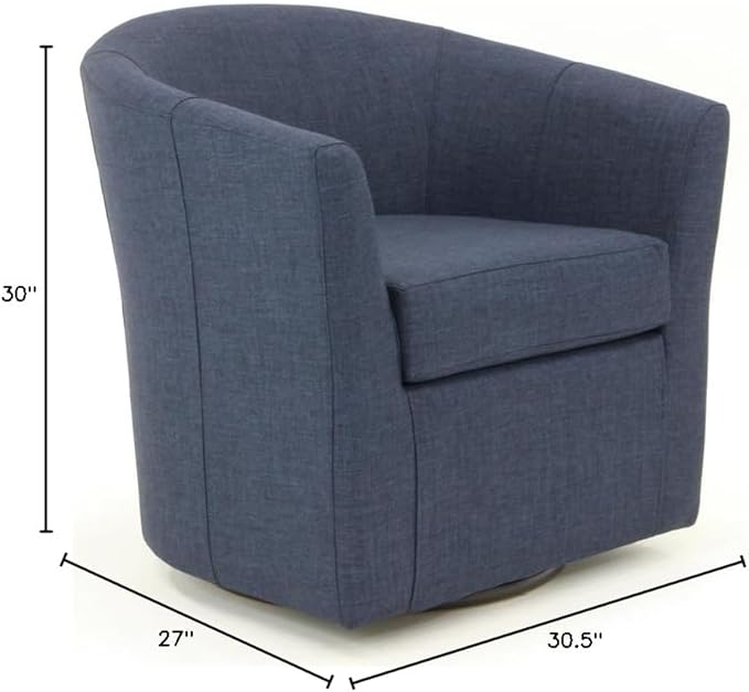Pemberly Row Traditional Fabric Swivel Club Chair Navy Blue Finish 30 H x 30.5 W x 27 D Flared Arms Padded Removable Seat 360-Degree Swivel Base Comfortable Accent Chair for Living Room or