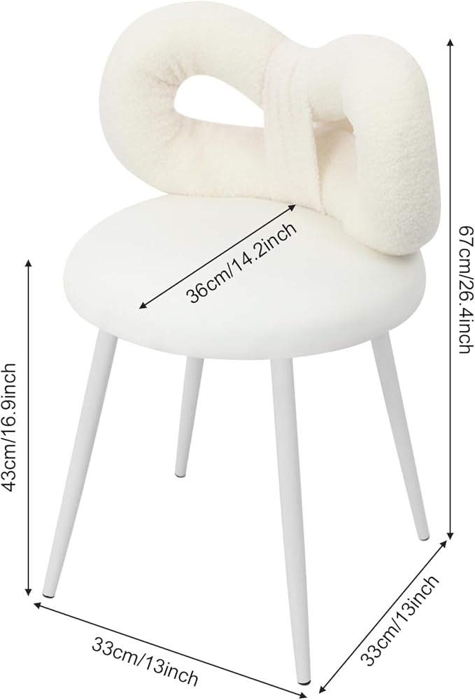 Vanity Chair with Cute Bow Backrest Creamy White Make-up Chair Bedroom Vanity Stool Armless Dressing Chair Small Upholstered Accent Chair Desk Chair for Makeup/Reading/Living Room Girls Women Kids