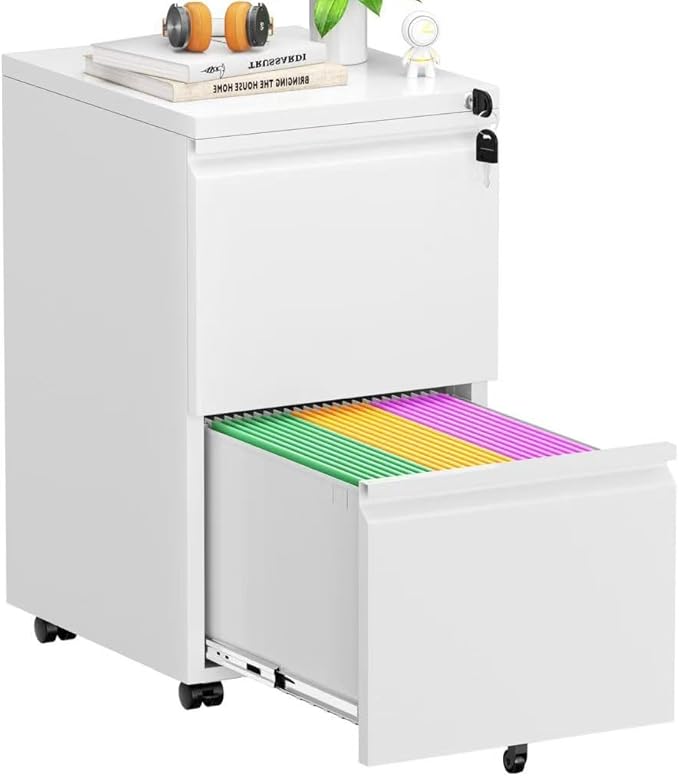 Pataku 2 Drawer File Cabinet Small File Cabinets with Lock Metal Rolling Filing Cabinet with 2 Drawer Filing Cabinets for Home Office Fit A4/Letter/Legal Easy Assembled White