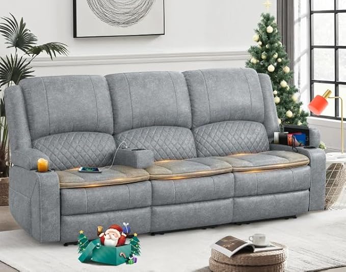 Recliner Sofa 3 Seater Manual Reclining Sofa with 2-Tier Cushion Reclining Couches for Living Room with Removable Console Hidden Storage Space Cup Holders - Gray