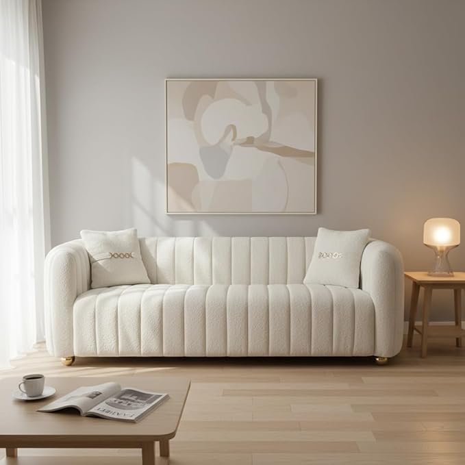 Luxury Teddy Plush Sofa for Living Room 84 Mid-Century Modern Couch 3 Seater Sofa with Gold Legs &amp 2 Pillows Sectional 3 Seater Couch Upholstered Sofa for Living Room Home Office Apartment