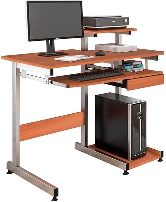 Pemberly Row Contemporary Wood/Steel Computer Desk 38 W x 22 D x 30 H Mahogany Finish MDF and Steel Construction Pull-Out Keyboard Tray Printer and Scanner Shelves Home Office Desk