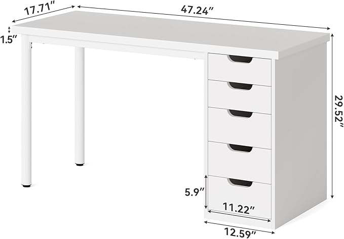 LITTLE TREE Computer Desk with 5 Drawers 47 Inch White Modern Simple Study Writing Desk with Metal Frame Work Desk for Home Office