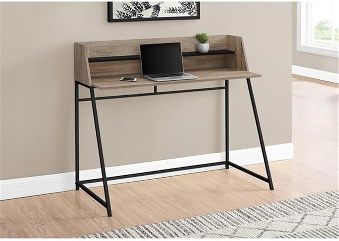 Pemberly Row Computer Desk 47.25 W x 23.75 D x 39.25 H Particle Board and Metal Dark Taupe and Black Finish Storage Hutch with Shelf Contemporary Home Office Laptop or Writing Table