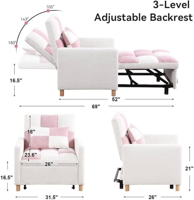 Convertible Sleeper Sofa Chair Bed3-in-1 Sleeper Chair Bed with PillowPull Out Single Armchair Sofa Bed with Adjustable Backrest Multi-Functiona Lounge Chair for Living Room (Pink)