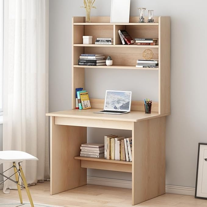 LITFAD Modern Computer Desk Work from Home Desk with Hutch Bookcase and Integrated Cable Management Drawer Not Included 23.6 L x 15.7 W x 59.8 H Natural