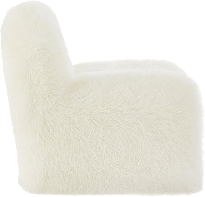 MAKLAINE Contemporary Faux Fur Upholstered Accent Chair White Rounded Backrest Low Profile Armless Design Sled Base with Non-Marking Foot Caps Modern Living Room or Bedroom Seating Fully