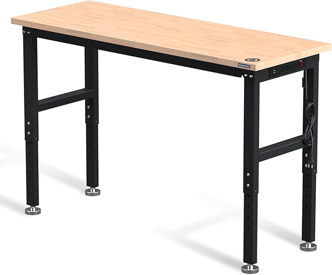 WORKPRO 60 Adjustable Workbench Rubber Wood Top Heavy-Duty Workstation 2000 LBS Load Capacity Hardwood Worktable with Power Outlets for Workshop Garage