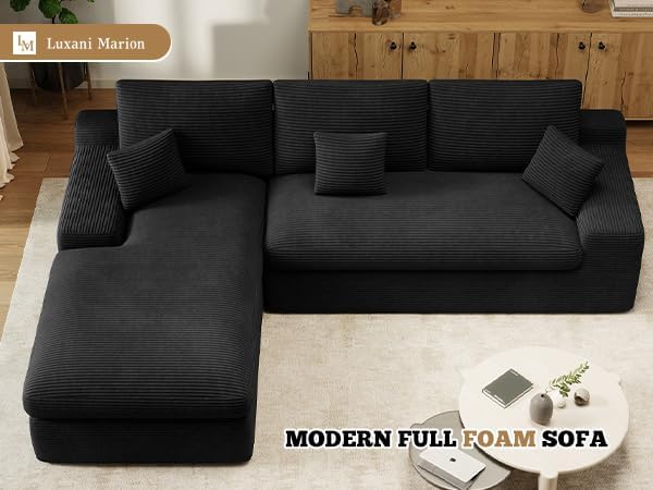 112 Modular Sectional Sofa for Living Room Convertible L-Shape Couch with OttomanCloud Boneless Couch with Layered CushionBlack Corduroy
