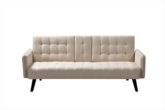 Leno 72 Sleeper Sofa Bed - Convertible Folding Backrest to Full Bed with Cup Holder &amp Drop-Down Table - Space Saving Linen Sofa for Small Spaces - Easy Assembly Beige