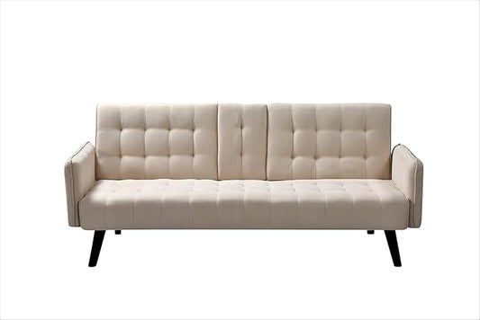 Leno 72 Sleeper Sofa Bed - Convertible Folding Backrest to Full Bed with Cup Holder &amp Drop-Down Table - Space Saving Linen Sofa for Small Spaces - Easy Assembly Beige