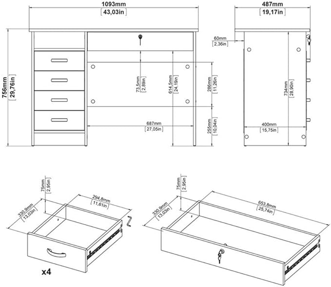 Pemberly Row Transitional Engineered Wood Home Office Computer Desk White Finish 43 in Wide 5 Drawers with Lockable Storage Durable Scandinavian Design Ideal for Writing or Work Spaces