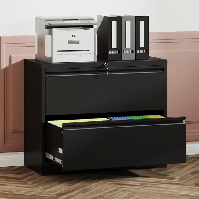 Lateral File Cabinet with Lock – Heavy-Duty Metal Filing Cabinet for Home Office Space-Saving Wide Storage for Letter/Legal/A4/F4 Silent Full-Extension Slides Easy-Assembly (Black + Modern-1)