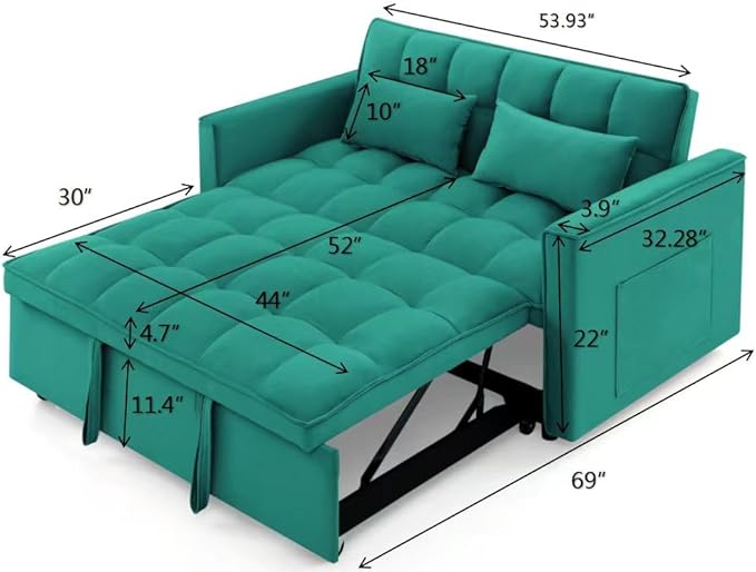 KEIKI 54.33 Pull-Out Sofa Couch Bed 2 in 1 Convertible Velvet Sleeper Sofa with Adjustable Back for Apartment Living Room Antique Green