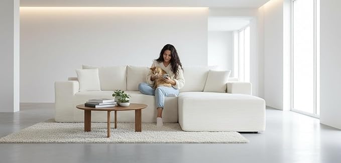 Ridge 2-Piece Convertible Corduroy L-Shaped Sofa in a Box with Pillows 3-Seater Modular Sectional Couch Compressed Living Room Furniture Beige (Right Facing)