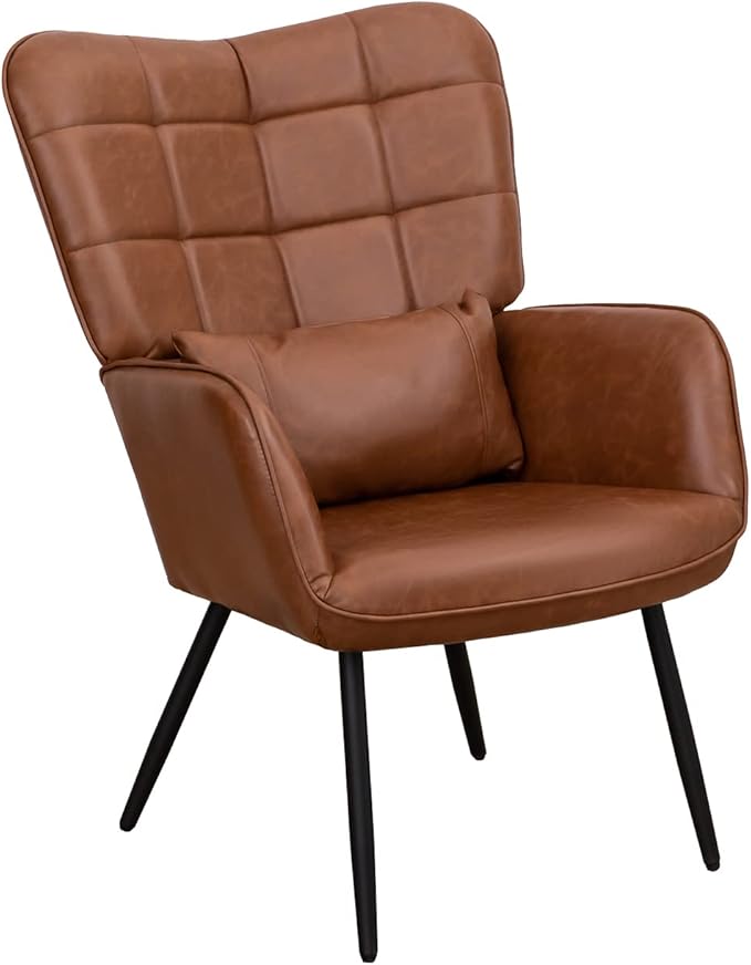 Bonded Leather Armchair Modern Accent Chair High Back Living Room Chairs with Metal Legs and Soft Padded Sofa Chairs for Home OfficeBedroomDining Room (Brown 1pc) UU317