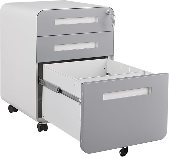 Office Pedestal File Cabinet: Lockable Compact Storage Solution for Home Office - Under Desk Cabinet with Removable Pencil Tray Hanging Bar and 5 Utility Wheels (White+Gray)