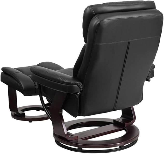 Pemberly Row Leather Swivel Recliner Black LeatherSoft Upholstery Mahogany Wood Base Integrated Headrest Plush Arms Lever Reclining Ball-Bearing Swivel 41.25 in H Living Room Chair