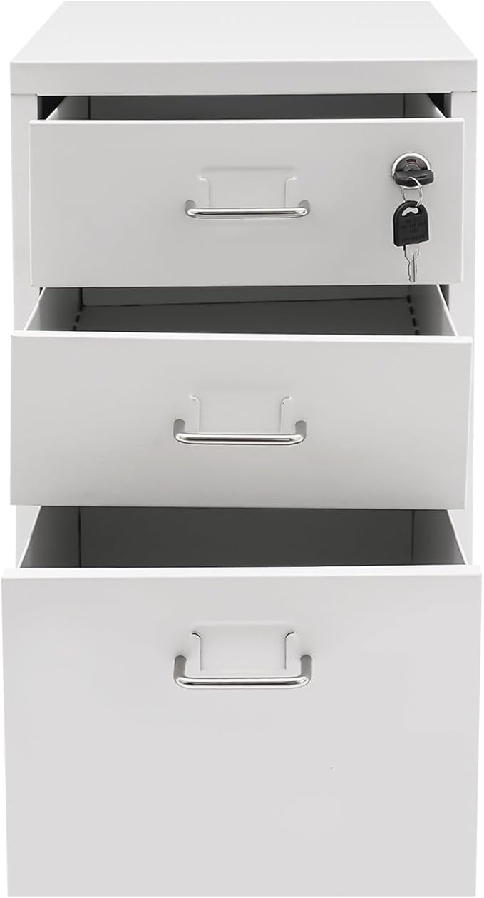 Metal Mobile File Cabinet Rolling Steel Vertical File Cabinet Filing Storage Organizer with Lock and Wheel for Home Office Legal/Letter Size 3-Drawer White
