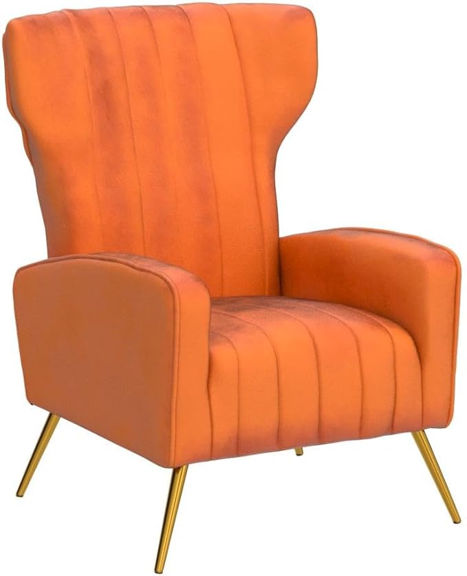 Modern Velvet Accent Chair Channel Tufted Bedroom Office or Living Room Furniture with Elegant Metal Legs 26 Wide Armchair Orange Red
