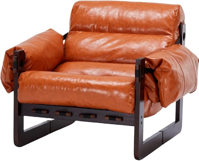 GDFStudio Aogex Accent Chair Leather Club Chair Oil Waxed Leather Lounge Sofa Armchair with Removable Pillow Comfort Chaise Lounge Single Reading Sofa for Living Room Bedroom Home Retro Orange