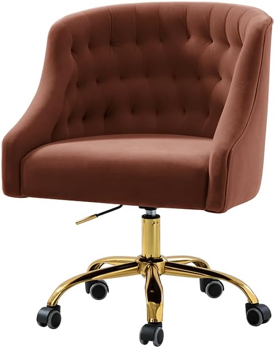 Velvet Office Chair with Gold Base Modern Cute Desk Chair Comfortable Adjustable Swivel Task Chair for Home Office Living Room Bedroom Vanity Study Burn Brick