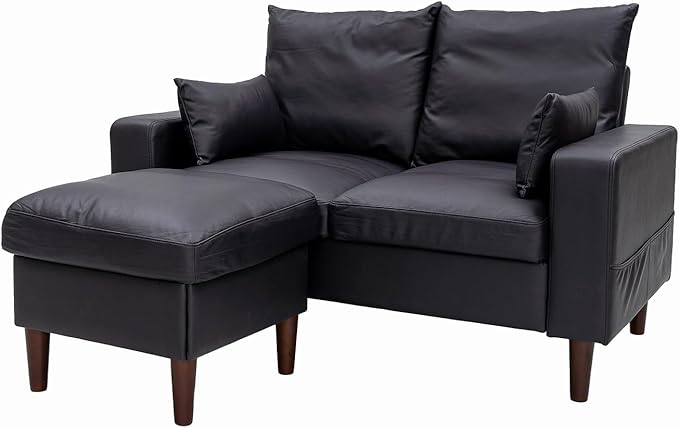 Panana Sectional Sofa Couch Loveseat Modern Linen Love Seater Home Furniture with Reversible Footstool for Small Space Living Room (Black Leather-Like Fabric Treack Arm - Loveseat with Ottoman)