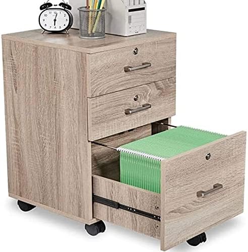 Unknown1 3-Drawer Rolling Wood File Cabinet with Lock Natural Modern Contemporary Mobile