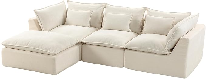 102 Cloud Sectional Sofa with Ottoman Waffle Knit Boneless Couch for Living Room Deep Seat Modular Foam Sofa Anti-Sagging 3-Seater SetWhite