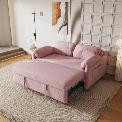 54'' Corduroy 3-in-1 Convertible Sofa Bed Pull Out Sleeper Loveseat Couch with USB Ports &amp Storage Pockets Futon Couches for Small Space Living Room Apartment (Pink)