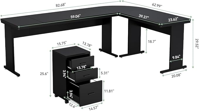 LITTLE TREE 82.67 Long Executive Desk Large L-Shaped Computer Office Desk with 3-Drawer Mobile File Cabinet Industrial Business Furniture Desk Workstation for Home Office Black