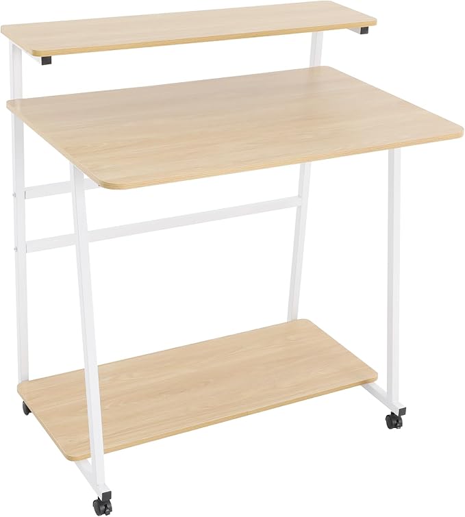Small Office Mobile Computer Desk 3-Tier Laptop Table with Storage Shelves Tiny Computer Desk with Wheels for Home Office Bedroom Living Room Studio (Log Color+White)