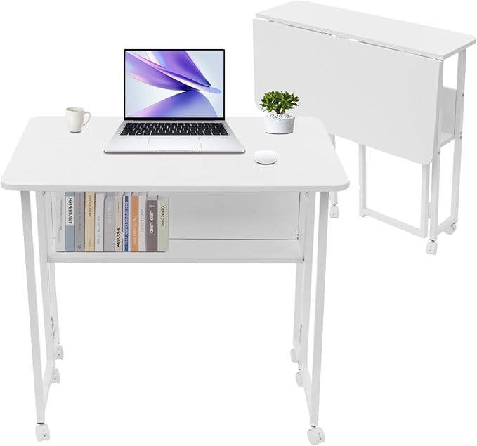 31.5 Mobile Folding Desk with Wheels Small Foldable Desk for Small Spaces Computer Table Writing Workstation for Home Office Easy Assembly White