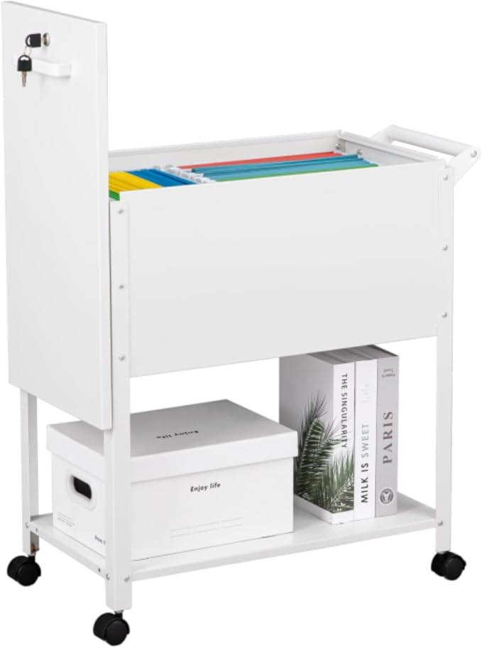 Mobile File Cart 2-Tier Rolling File Cart with Wheels Hanging Files Metal File Cabinet with Lock and Sliding Covers for A4/Letter/Legal Size White