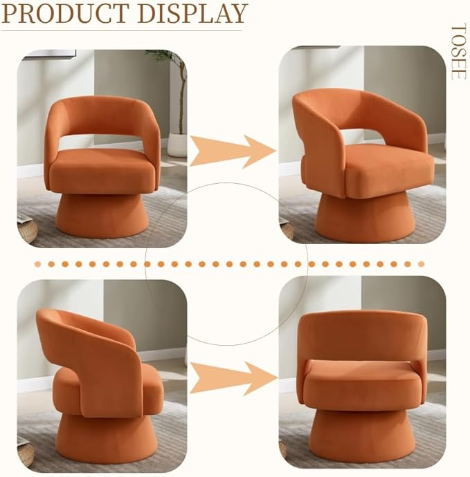 Swivel Barrel Chair Velvet Accent Armchair 360 Degree Swivel Club Chair for Living Room Bedroom Reception Room (Orange + Foam + Steel + Velvet + Foam)