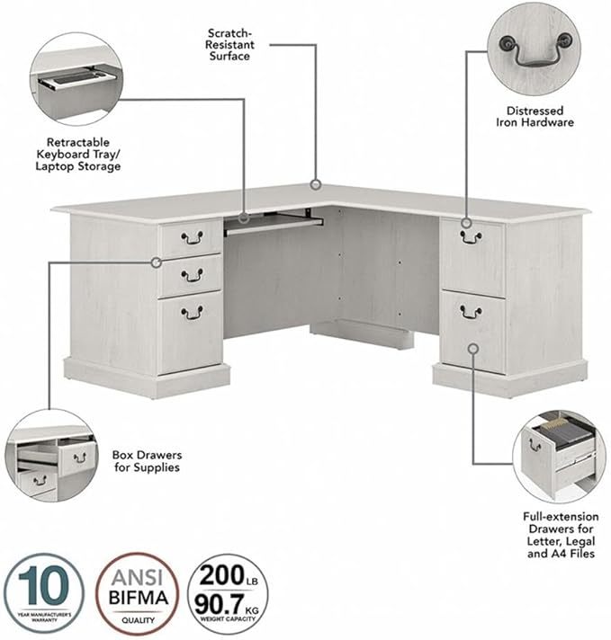 Pemberly Row L Shaped Computer Desk 66W x 72D x 30H Linen White Finish Built-in Storage with File Drawers Retractable Keyboard Tray Traditional Style Home Office Workspace