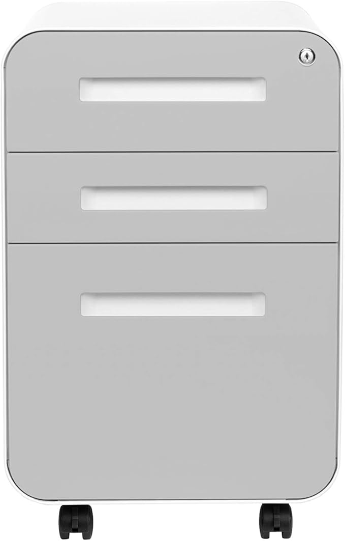 Laura Davidson Furniture Stockpile 3 Drawer File Cabinet with Lock - Under Office Desk Metal Filing Cabinet Legal/Letter File Folders Wheels and Stationary Feet Pre-Assembled Light Grey Faceplate