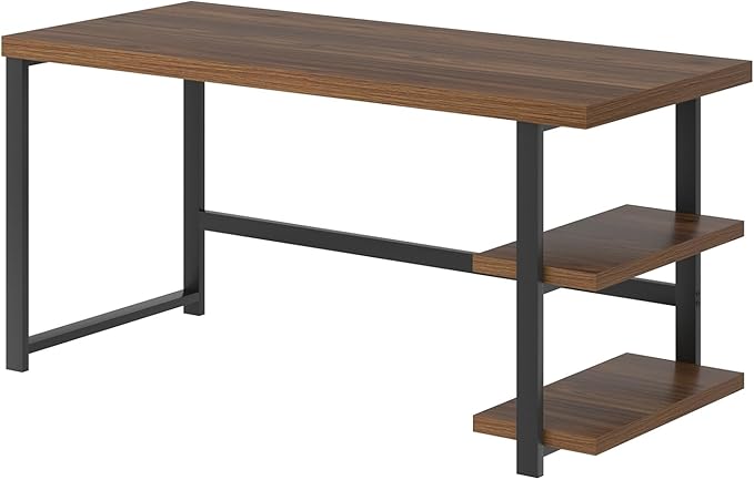 FOLUBAN Modern Computer Desk Wood Home Office Desk Study Writing Gaming Table Workstation with Storage Shelves for Living Room Bedroom Rustic Walnut 53 Inch