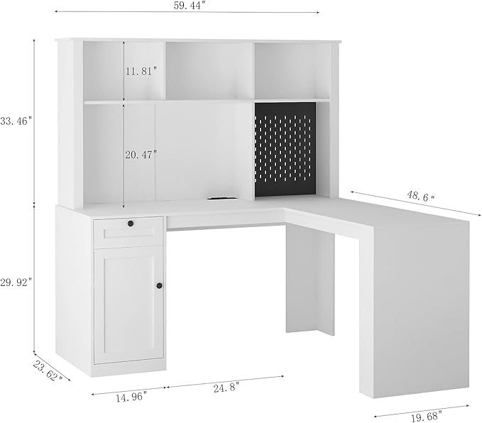 Modern L Shaped Desk with Drawers &amp Shelves Computer Desk with Bookshelf &amp Hutch Corner Home Office Desk with Storage Study Writing Table Workstation with Charging Station for Small Space wh