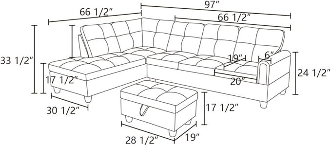 Brown L-Shaped 3-Piece Faux Leather Sofa with Storage Ottoman Set Sectional Couch Sofa Set for Living Room Office Small Space