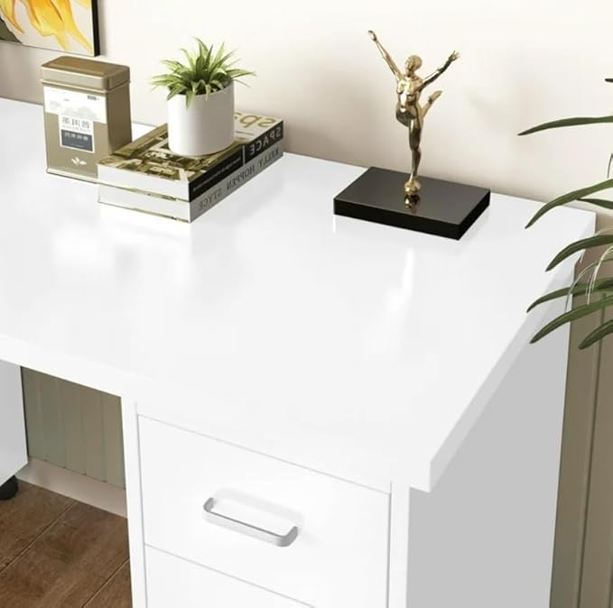 Computer Desk Writing Desk with Lockable WheelsModern Wood Study Desk with 4 Drawers for Home Office Workstation (White)