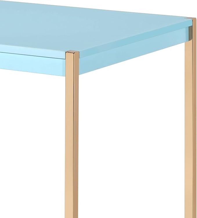 Modern Baby Blue &amp Gold Writing Desk with USB Ports - Sleek Study Desk for Home Office