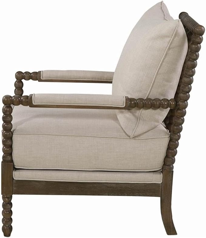 BOWERY HILL Modern Accent Chair Beige Fabric Upholstery Dark Walnut Wood Finish Cushion Back 38 H x 29.5 W x 34 D Casual Style Solid Pattern Living Room Seating