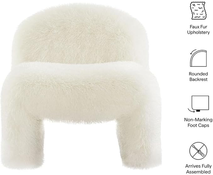 MAKLAINE Contemporary Faux Fur Upholstered Accent Chair White Rounded Backrest Low Profile Armless Design Sled Base with Non-Marking Foot Caps Modern Living Room or Bedroom Seating Fully
