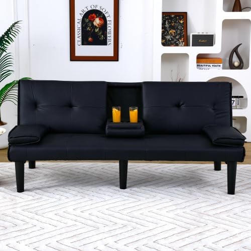 Convertible Sleeper Sofa Bed Modern Leather Futon Couch Bed Twin Size 67'' Recliner Reversible Loveseat Folding Couches Guest Bed for Small Spaces Living Room Office Dorm RV 2 Cupholders (Black)