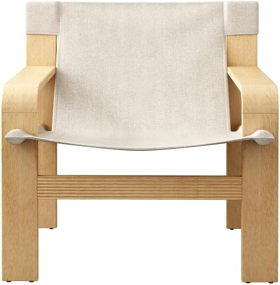 Detachable and Washable Oak Accent Chair Wide Armrest Mid-Century Lounge Chair Linen Fabric Armchair &amp Solid Wood Frame for Living Room Bedroom Balcony (White) (White + Wood+Fabric + Oak)