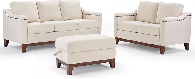 Modern 3 Piece Sofa Set with Rivets Included Chenille Loveseat 2-Seater Sofa Upholstered 3-Seater Couches with Solid Wood Legs and Storage Ottoman Living Room Furniture SetBeige