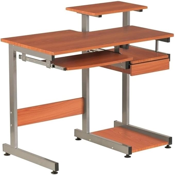 Pemberly Row Contemporary Wood/Steel Computer Desk 38 W x 22 D x 30 H Mahogany Finish MDF and Steel Construction Pull-Out Keyboard Tray Printer and Scanner Shelves Home Office Desk